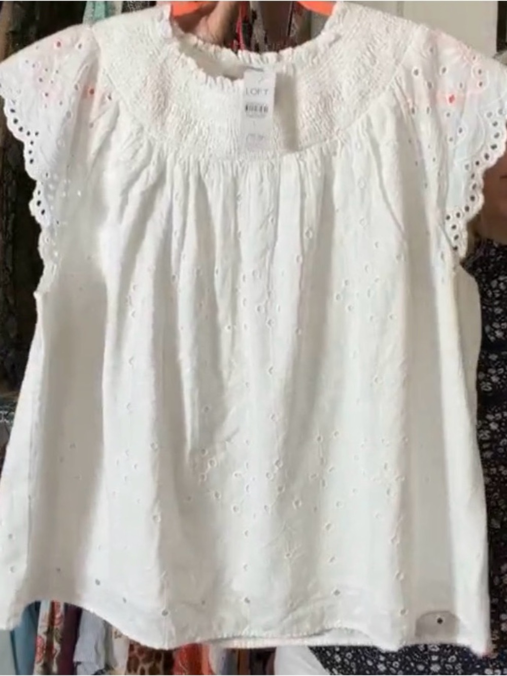 Loft White Eyelet Cap Sleeve Blouse, Size Large (oversized) NWT